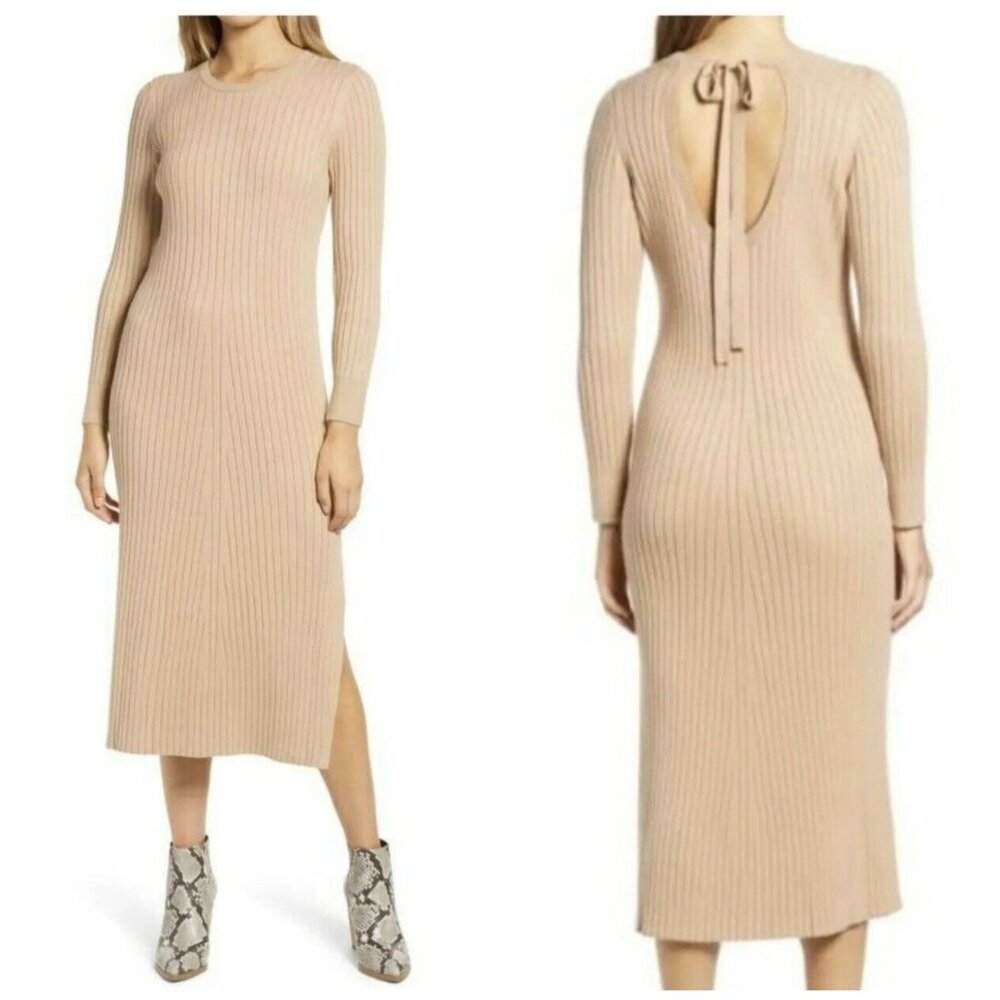 WAYF  Dede & Emily BFF Collection Hollie Ribbed Knit Sweater Dress Camel Size L